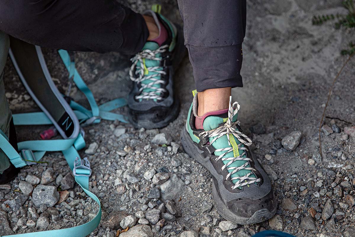 Merrell MQM 3 GTX hiking shoe (shoes beside backpack straps)